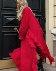 Red Ruffled A-Line Dress with Lantern Sleeves