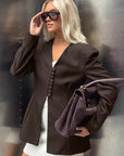 Retro Brown V-Neck Blazer for Women