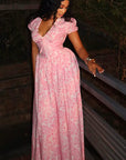 Elegant A-Line Dress with V-Neck and Puff Sleeves