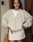 Fashionable Khaki Fleece Cardigan Skirt Set