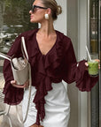 French Style Chiffon Ruffle Blouse for Women