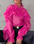 French Style Summer Sheer Collar Blouse with Ruffles