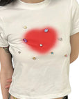 Y2K Heart Shaped Rhinestone Short Sleeve Top