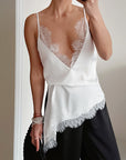 Elegant White V-Neck Lace Satin Camisole