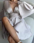 Elegant French Satin Long Sleeve Dress with V-Neck