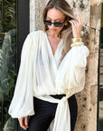 Loose Fit V-Neck Puff Sleeve Women's Shirt