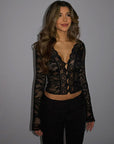 Chic Women's V-Neck Lace Long Sleeve Top