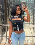 Sexy Hollow Out Letter Print T-Shirt for Women