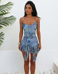 Sexy Floral Ruffle Neck Backless Mini Dress