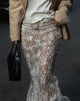 Summer Sequined Lace Midi Skirt with Slit