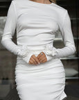 Fashionable Slim Fit Side Ruffled Long Sleeve Dress
