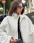 Chic White Polka Dot Stand Collar Jacket for Women