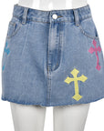 High Waist Denim Fringe Skirt with Embroidery