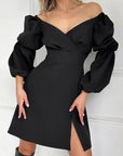 Elegant Black V-Neck Lantern Sleeve Dress