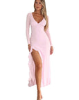 Sexy Deep V Neck Long Sleeve Ruffle Split Dress