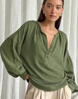 Minimalist Cotton Lantern Sleeve Casual Shirt
