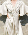French Style Knot V-Neck Midi A-Line Dress