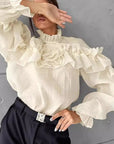French Style Summer Sheer Collar Blouse with Ruffles