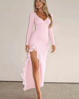 Sexy Deep V Neck Long Sleeve Ruffle Split Dress