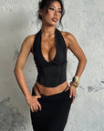 Sexy Deep V Neck Black Halter Top for Women