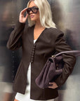 Retro Brown V-Neck Blazer for Women