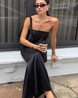 Elegant Black Satin Strapless A-Line Dress