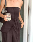Chic Brown Strapless Top and Wide Leg Pants Set