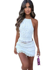 Sexy Hollow Ruffled Crop Top and Mini Skirt Set