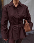 Brown Waist-Defined Pleated Shirt for Women