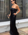 Elegant Black Satin Strapless A-Line Dress