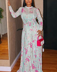 Fresh Floral Print A-Line Dress with Long Sleeves