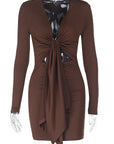 Knit Sexy Deep V Neck Long Sleeve Bodycon Dress
