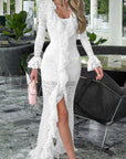 Chic French Lace Ruffled Split Dress