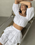 Fashionable White Hollow Out Collar Shirt and Skirt Set
