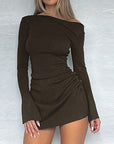 Off Shoulder Long Sleeve Drawstring Mini Dress