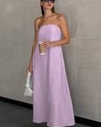 Summer Casual Khaki Cotton Linen Strapless Dress