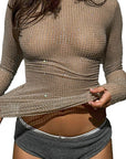 Round Neck Long Sleeve Top with Rhinestones