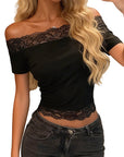 Lace Trim Off-Shoulder Slim Fit Top