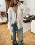 French Design Ruffled Puff Sleeve V-Neck Chiffon Cardigan