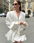 Elegant Vintage Autumn White V-Neck Lantern Sleeve Dress