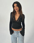 Sexy Lace Trim Deep V Neck Long Sleeve Top