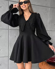 Fashionable Black Doll Collar Dress with Flare Sleeves
