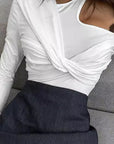 French Style One-Shoulder Slim Fit Long Sleeve Top