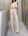 New Elegant Beige Ruffled One-Shoulder Jumpsuit