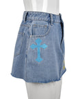 High Waist Denim Fringe Skirt with Embroidery