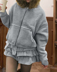 Black Hooded Sweatshirt with Fur Collar for Women