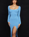 Spring Summer Long Sleeve Striped Backless Dress