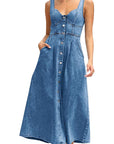 Summer Women's Blue Denim Button-Down Dress