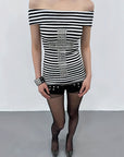 Summer Short Sleeve Off-Shoulder Striped Top