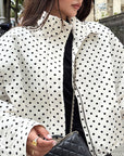 Chic White Polka Dot Stand Collar Jacket for Women